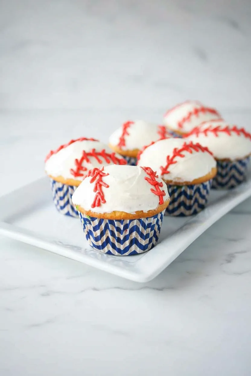Baseball Cupcakes with Vanilla Frosting